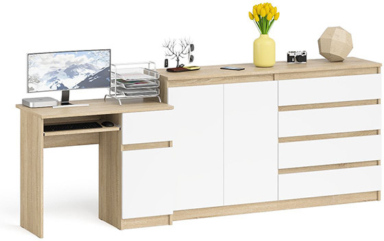 Мори Стол компьютерный МС-1 правый + Комод МК1600.1, цвет дуб сонома/белый, ШхГхВ 250,4х50х94 см., выдвижной ящик справа, НЕ универсальная сборка