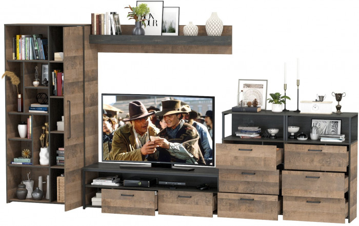 Трувор Гостиная 103, цвет дуб гранж песочный/интра, ШхГхВ 374,8х45,4х194,20 см., универсальная сборка