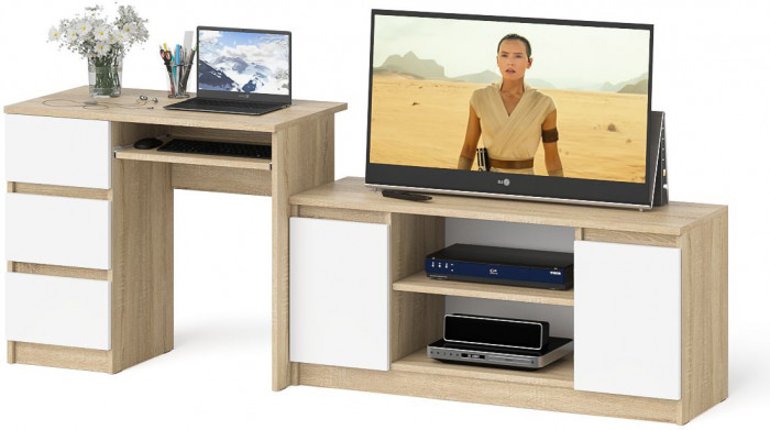 Мори Стол компьютерный МС-6 левый + Тумба МТВ1200.1, цвет дуб сонома/белый, ШхГхВ 210,4х50х76,6 см., выдвижные ящики слева, НЕ универсальная сборка