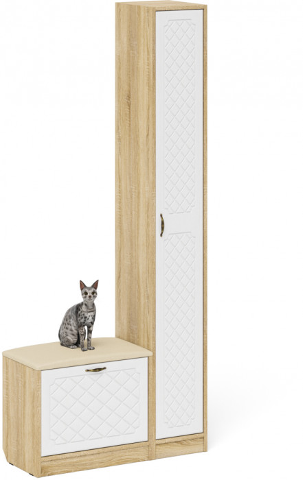 Прихожая П-6 Компоновка № 19, дуб сонома/фасады МДФ белое дерево фрезеровка ромб