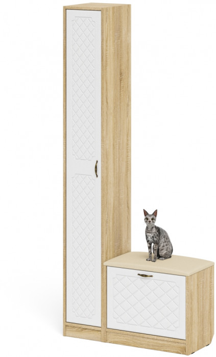 Прихожая П-6 Компоновка № 19, дуб сонома/фасады МДФ белое дерево фрезеровка ромб