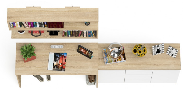 Мори Стол письменный МСП1200.1 + Комод МК1200.3 + Полка 1200, цвет дуб сонома/белый, ШхГхВ 240,8х50х209,6 см., универсальная сборка