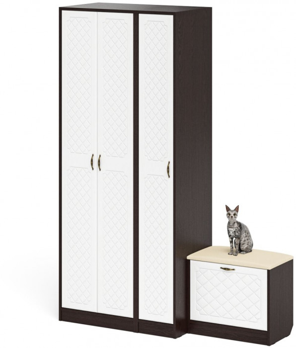 Прихожая П-6 Компоновка № 45, венге/фасады МДФ белое дерево фрезеровка ромб