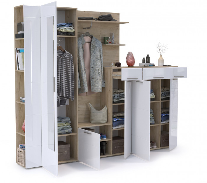 Лайн Прихожая № 11, дуб крафт серый/фасады МДФ белый глянец