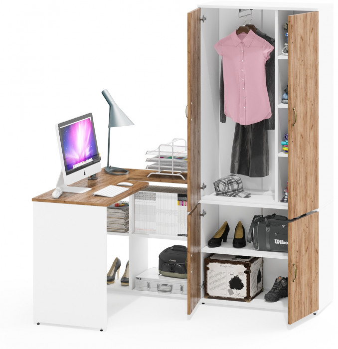 Лидер-8 Стол + Шкаф МД 20Б, белый шагрень/крафт золото