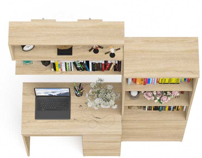 Мори компьютерный стол МС-6 правый + Стеллаж МСТ600.3 + Полка 900, дуб сонома