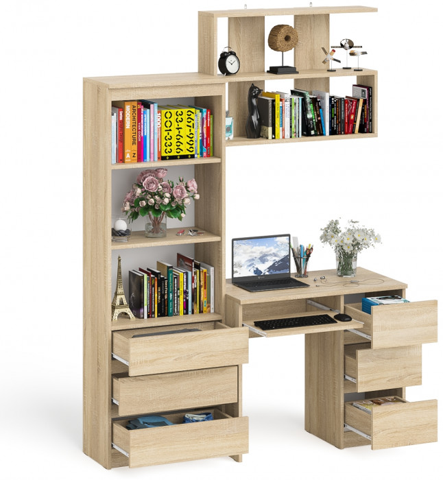 Мори компьютерный стол МС-6 правый + Стеллаж МСТ600.3 + Полка 900, дуб сонома