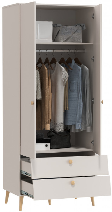 Афина Спальня 4-75901М1к.с. Шкаф 2-х дверный с двумя ящиками, цвет кашемир серый, ШхГхВ 90,3х56,3х220 см., цвет ножек: тик