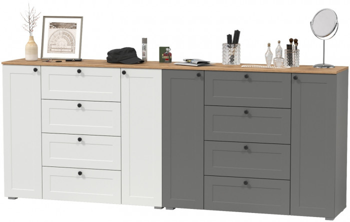 Остин 16.221 Комод + 16.221 Комод, цвет белый шагрень/серый графит/дуб крафт золотой, ШхГхВ 240х41,9х99,3 см., универсальная сборка