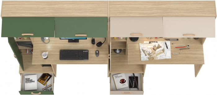 Два Стола письменных Лайт 03.243Н, цвет плэйн/дымчатый зелёный/плэйн/сатин, ШхГхВ 300,4х57,3х179,9 см., НЕ универсальная сборка