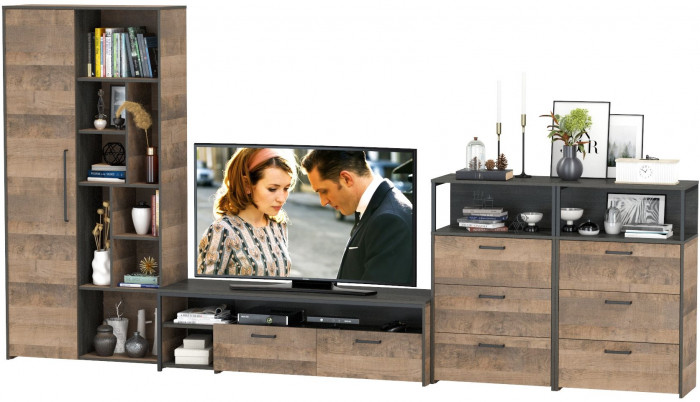 Трувор Гостиная 104, цвет дуб гранж песочный/интра, ШхГхВ 374,8х45,4х195 см., универсальная сборка