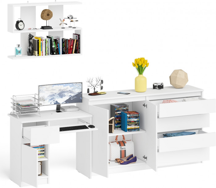 Мори Стол компьютерный МС-1 левый + Комод МК1600.1 + Полка 900, цвет белый, ШхГхВ 250,4х50х209,6 см., НЕ универсальная сборка