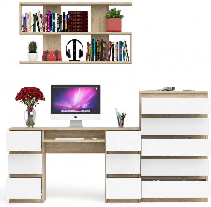 Мори компьютерный стол МС-2 + Комод МК700.5 + Полка 1200, дуб сонома/белый