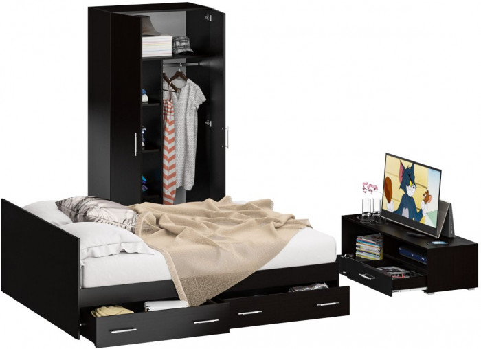 Спальня Стандарт 3-1600Я, венге/фасады ТВ тумбы МДФ чёрный глянец