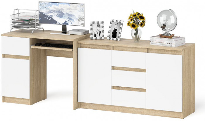 Мори компьютерный стол МС-1 левый + Комод МК1200.3, дуб сонома/белый