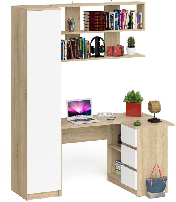 Мори компьютерный стол МС-16 правый + Пенал МШ400.1 + Полка 1200, дуб сонома/белый