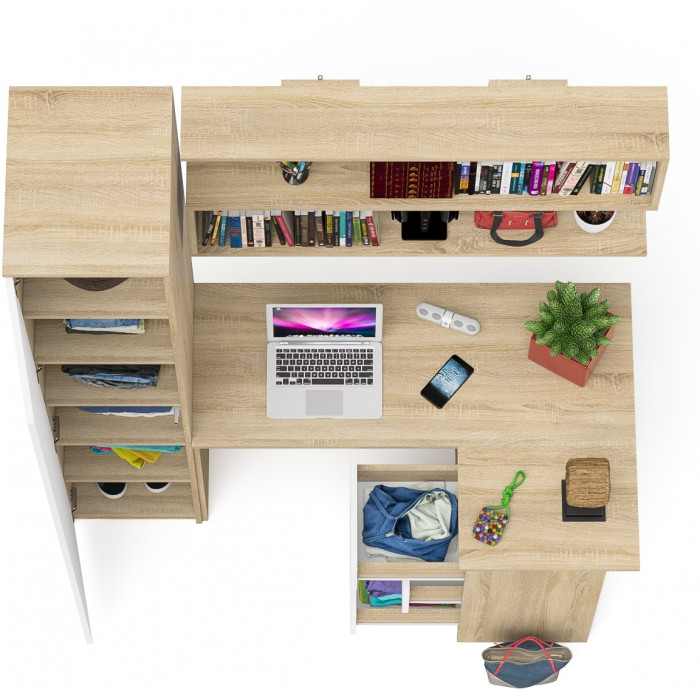 Мори компьютерный стол МС-16 правый + Пенал МШ400.1 + Полка 1200, дуб сонома/белый