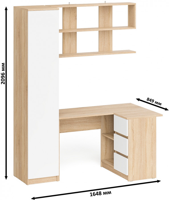Мори компьютерный стол МС-16 правый + Пенал МШ400.1 + Полка 1200, дуб сонома/белый
