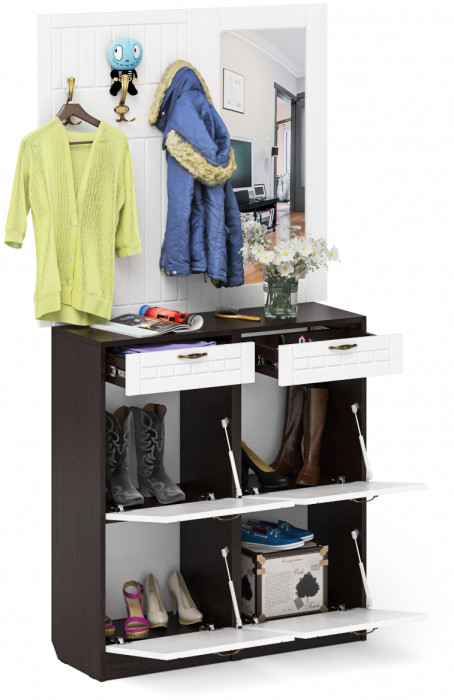 Прихожая П-6 Компоновка № 05, цвет венге/фасады МДФ белое дерево фрезеровка прованс, ШхГхВ 110х35х200 см.