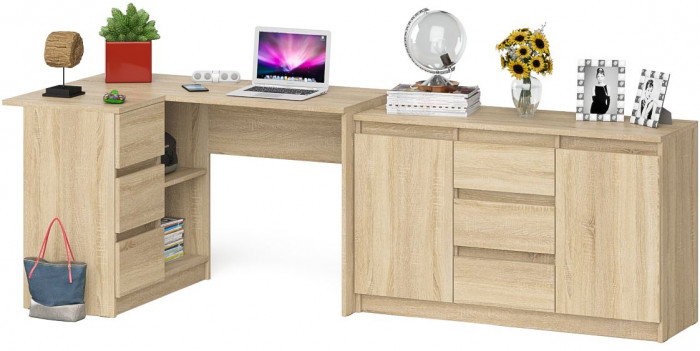 Мори Стол компьютерный МС-16 левый + Комод МК1200.3, цвет дуб сонома, ШхГхВ 244,8х84,9х76,6 см., выдвижные ящики слева, НЕ универсальная сборка