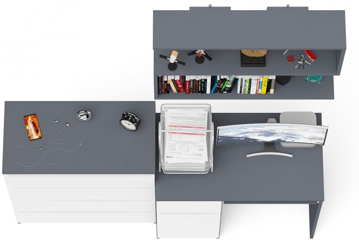 Мори компьютерный стол МС-1 левый + Комод МК800.4 + Полка 900, графит/белый