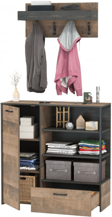 Трувор 13.307.01 Комод + 15.04 Вешалка, цвет дуб гранж песочный/интра, ШхГхВ 109х36,9х195 см., универсальная сборка