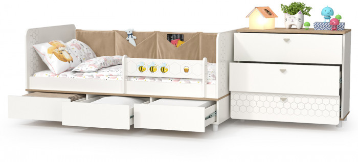 Эйп 11.40 Кровать + 13.322 Комод, цвет белый/дуб белый, сп. м. 800х1600 мм., б/м, основание есть, макс. нагрузка 80 кг., рек. выс. матр. 120 мм.