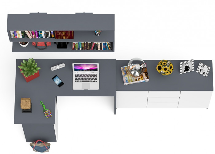 Мори компьютерный стол МС-16 левый + Комод МК1200.3 + Полка 1200, графит/белый