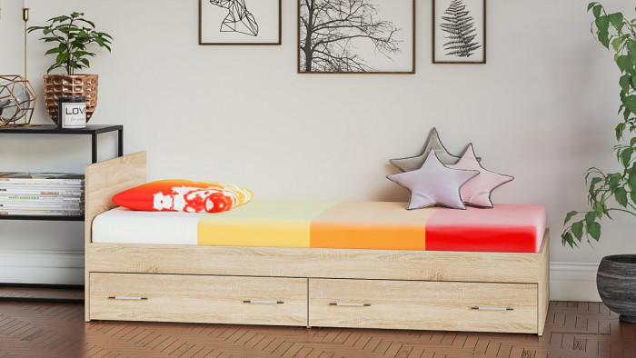 Мори Кровать с ящиками 0900, цвет дуб сонома, ШхГхВ 93,5х203,5х70 см., сп.м. 900х2000 мм., без матраса, основание есть