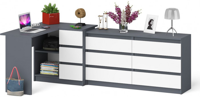Мори Стол компьютерный МС-16 правый + Комод МК1380.6, цвет графит/белый, ШхГхВ 262,4х84,9х76,6 см., выдвижные ящики справа, НЕ универсальная сборка