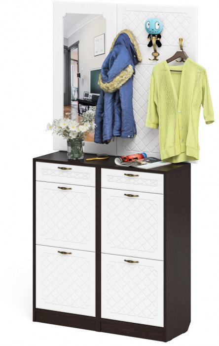 Прихожая П-6 Компоновка № 05, цвет венге/фасады МДФ белое дерево фрезеровка ромб, ШхГхВ 110х35х200 см.