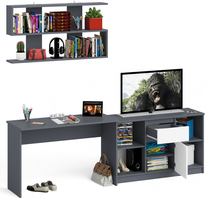 Мори письменный стол МСП1200.1 + Тумба МТВ1204.1 + Полка 1200, графит/белый