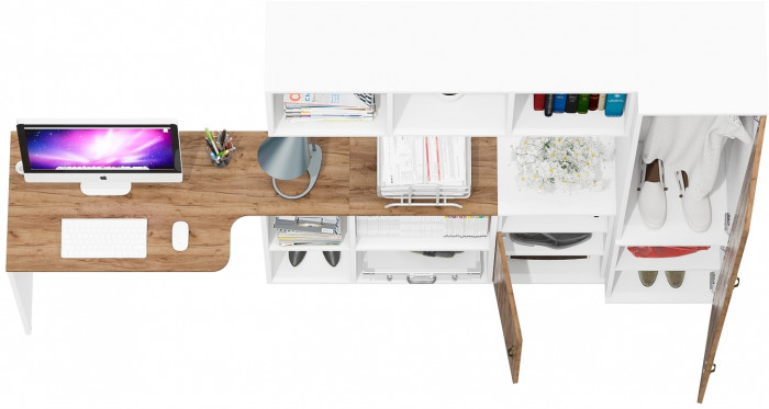 Лидер-8 Стол + Полка + Тумба МД 3.19 + Пенал МД 21Б, цвет белый шагрень/крафт золото, ШхГхВ 245х50/37,5х75/190 или 115х160/50х75/190 см., НЕ ун. сб.