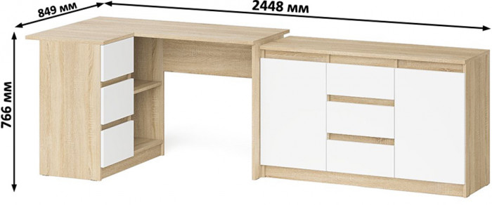 Мори Стол компьютерный МС-16 левый + Комод МК1200.3, цвет дуб сонома/белый, ШхГхВ 244,8х84,9х76,6 см., выдвижные ящики слев, НЕ универсальная сборкаа