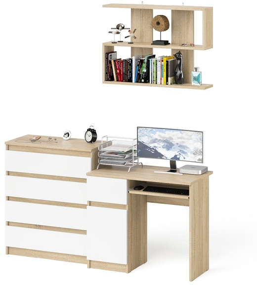 Мори компьютерный стол МС-1 левый + Комод МК800.4 + Полка 900, дуб сонома/белый