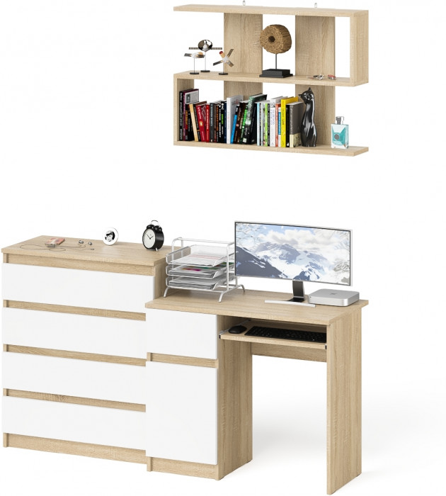 Мори компьютерный стол МС-1 левый + Комод МК800.4 + Полка 900, дуб сонома/белый