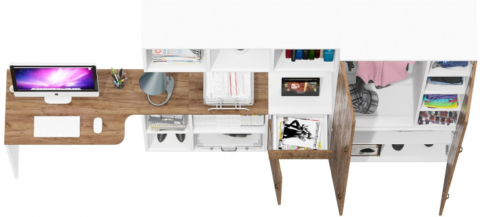 Лидер-8 Стол + Полка + Тумба МД 3.15 + Шкаф МД 20Б, цвет белый шагрень/крафт золото, ШхГхВ 285х50/37,5х75/190 или 115х200/50х75/190 см., НЕ ун. сб.