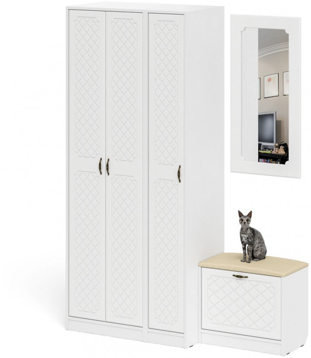 Прихожая П-6 Компоновка № 46, белая шагрень/фасады МДФ белое дерево фрезеровка ромб