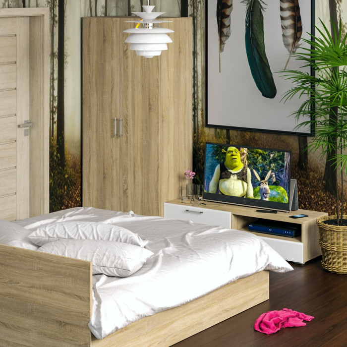 Спальня Стандарт 3-1800, дуб сонома/фасады ТВ тумбы МДФ белый глянец