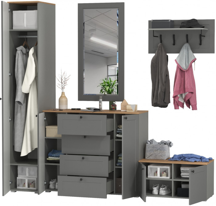 Остин Прихожая 51, цвет серый графит/дуб крафт золотой, ШхГхВ 240х54,3х229,6 см., универсальная сборка