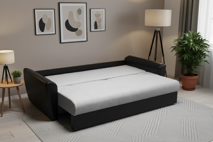 Диван-книжка Амстердам, 140х190, рогожка/экокожа, серый