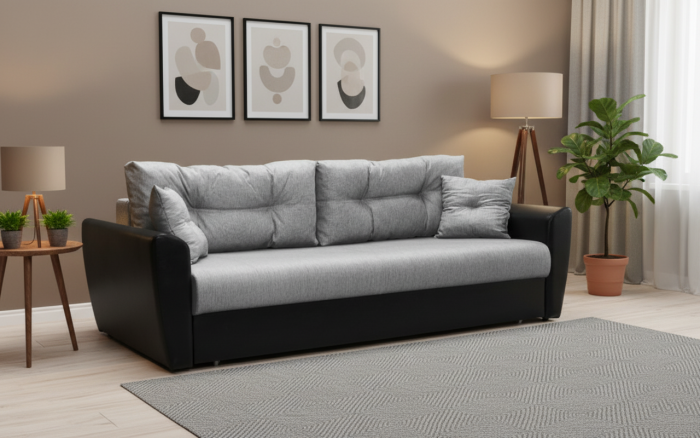 Диван-книжка Амстердам, 140х190, рогожка/экокожа, серый