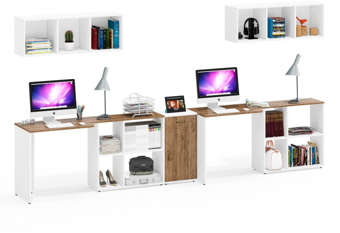 Лидер-8 Стол + Полка + Стол + Полка + Тумба МД 3.15, белый шагрень/крафт золото