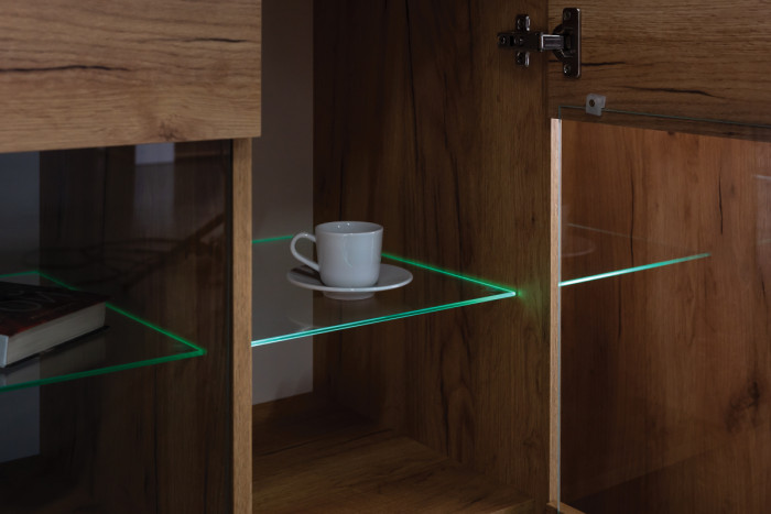 КР100 ??? Арчи Тумба 10.85, цвет дуб крафт золотой/камень тёмный, ШхГхВ 130х41,3х46,1 см., подсветка за стеклом по торцу полки, универсальная сборка