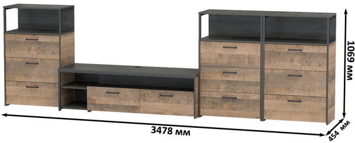 Трувор Гостиная 108, цвет дуб гранж песочный/интра, ШхГхВ 347,8х45,4х210 см., универсальная сборка