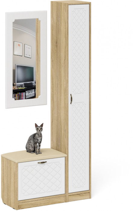 Прихожая П-6 Компоновка № 20, дуб сонома/фасады МДФ белое дерево фрезеровка ромб