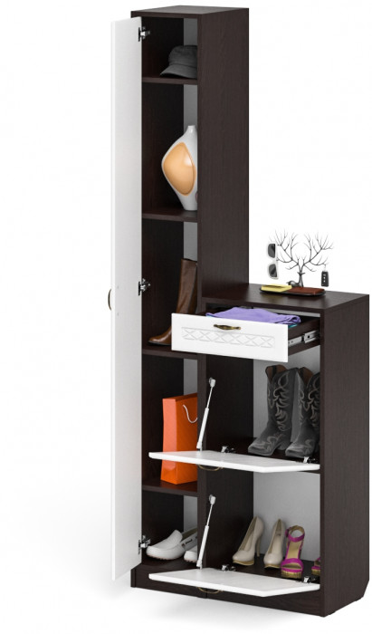 Прихожая П-6 Компоновка № 22, цвет венге/фасады МДФ белое дерево фрезеровка ромб, ШхГхВ 80х35х210 см., универсальная сборка