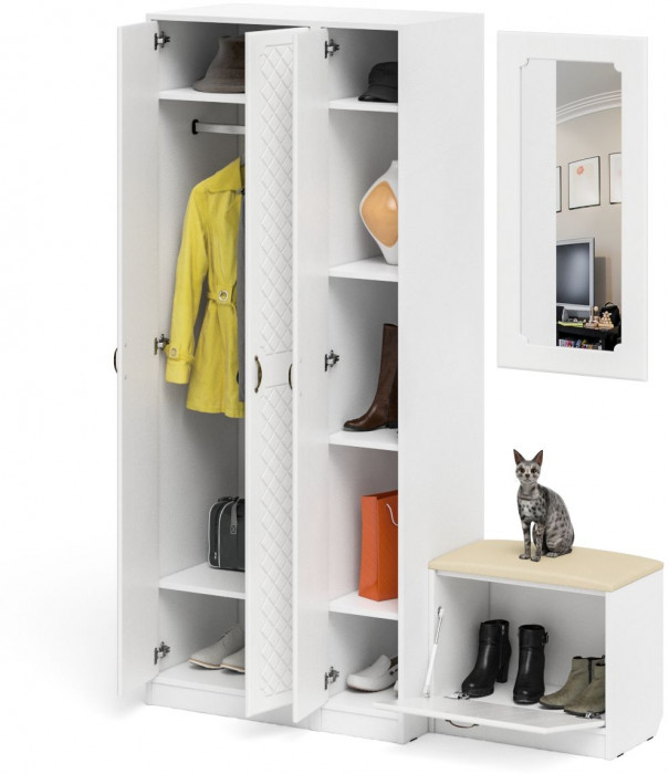 Прихожая П-6 Компоновка № 46, цвет белая шагрень/фасады МДФ белое дерево фрезеровка ромб, ШхГхВ 150х50х210 см., универсальная сборка