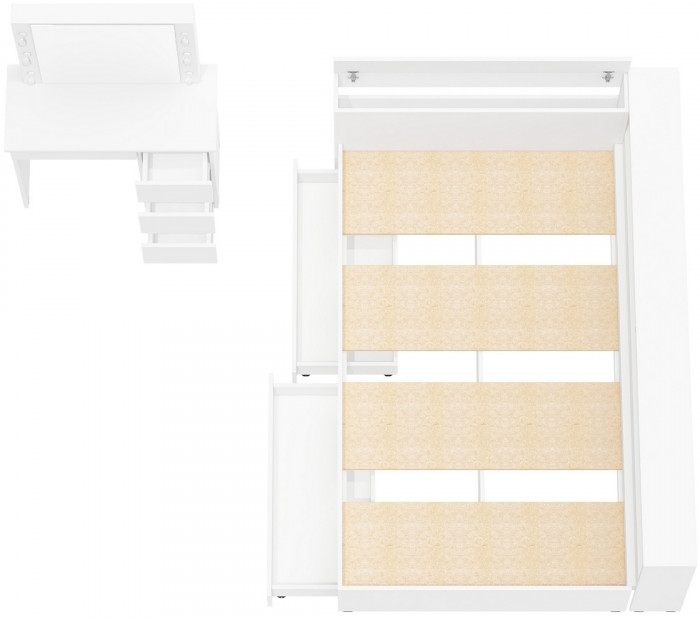 Ксения Кровать с ящиками 1200 + прикроватный блок + Столик с подсветкой Сура, белый