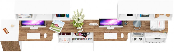 Лидер-8 Стол + Полка + Стол + Полка + Тумба МД 3.16, белый шагрень/крафт золото